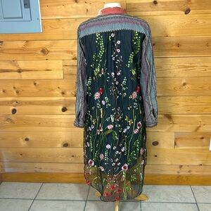 EUC Aratta Silent Journey floral velvet cotton tuxedo shirt dress tunic top XL